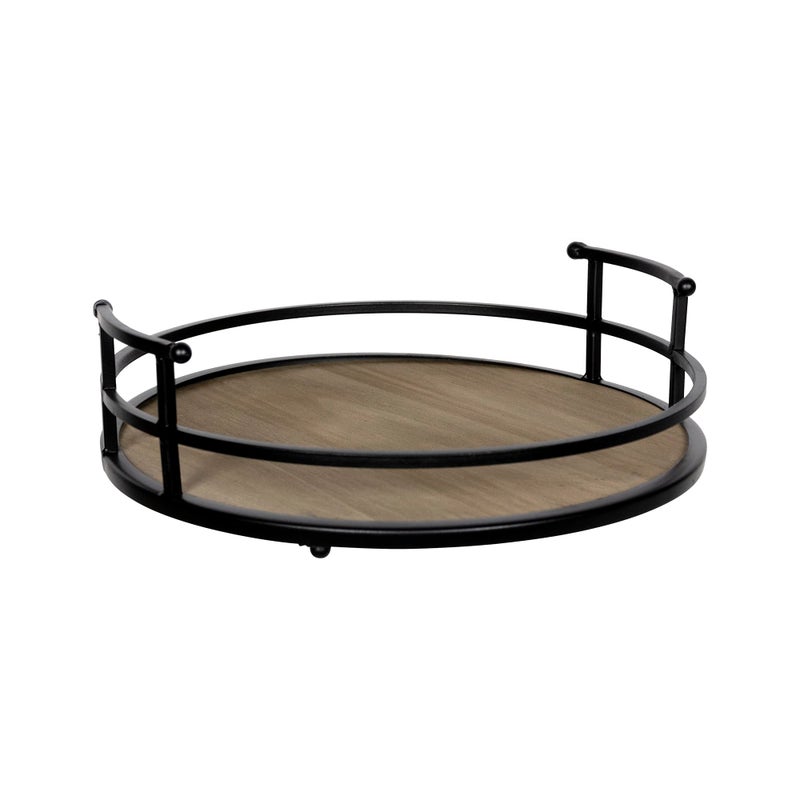 Stratton Home Decor Metal and Wood Round Tray | Wooden Coffee Table Tray Decor for Empty Table Surfaces | Decorative Round Serving Tray with Handles - Image 1